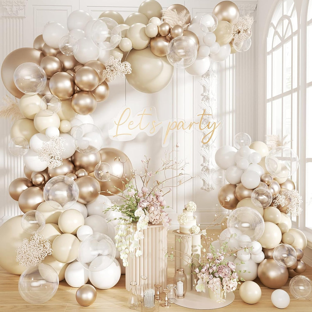 White Sand Metallic Champagne Gold Balloons Garland Arch Kit,152PCS White Neutral Balloons with Clear Balloons for