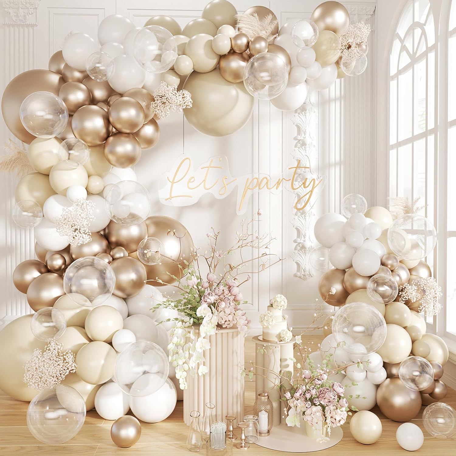 White Sand Metallic Champagne Gold Balloons Garland Arch Kit,152PCS White Neutral Balloons with Clear Balloons for