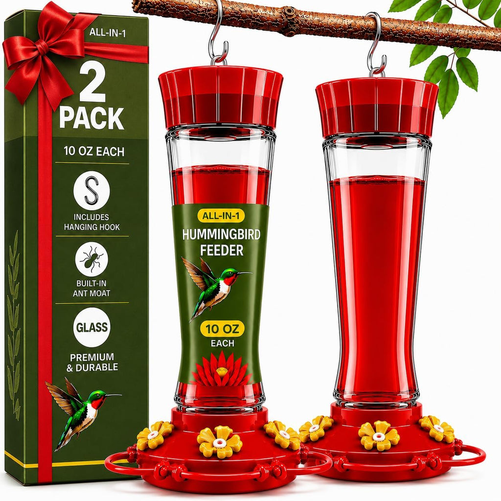 Glass Hummingbird Feeder 10oz [Set of 2] Ant Guard & Wide Mouth Leakproof