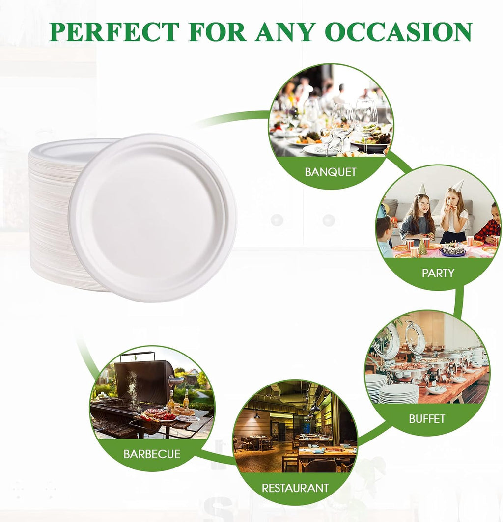150 Pack Compostable Bagasse Paper Plates 9 inch, White