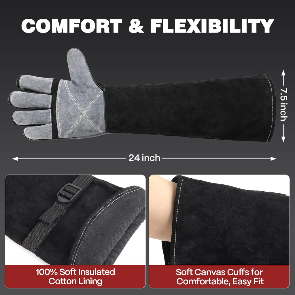 24 Inches Leather Welding Gloves, Bite Protection, Black-Grey