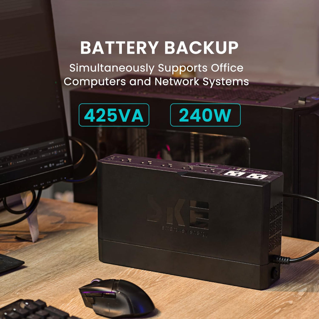 SKE VL425 425VA/240W UPS Battery Backup and Surge Protector - Uninterruptible Power Supply with AVR, 7 Outlets, USB
