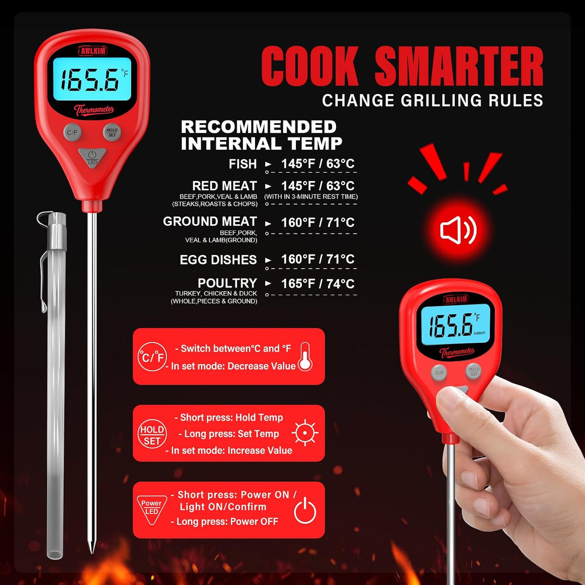 Dual Probe Meat Thermometer, Instant Read + Oven Probe Alarm, USB-C