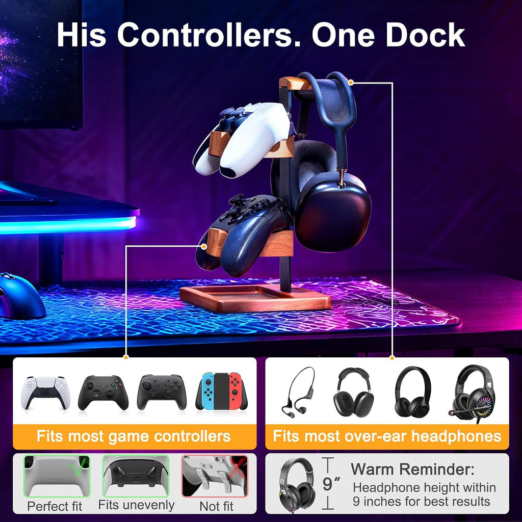 Solid Wood Controller Holder and Headphone Stand, Controller Stand for Desk | Dual Gaming Controller Organizer Rack