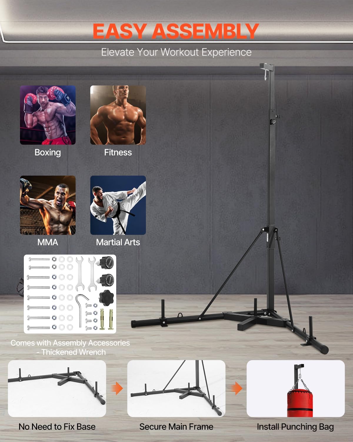 Punching Bag Stand, Steel Heavy Duty Workout Training Equipment, Adjustable Height Boxing Punching Stand with