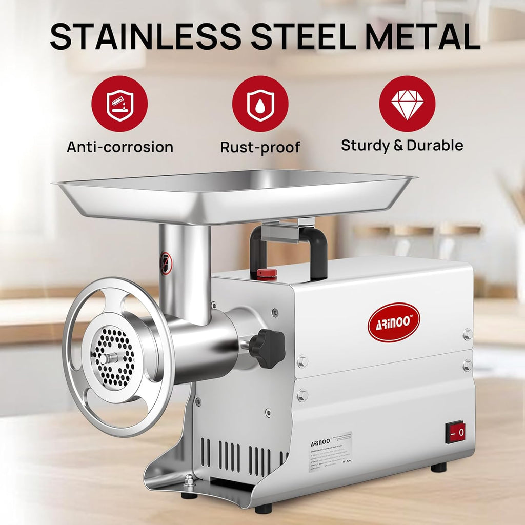 Commercial Electric Meat Grinder #22, 1.2HP Heavy Duty Stainless Steel Meat Mincer with 2 Blades, 2 Plates & 3