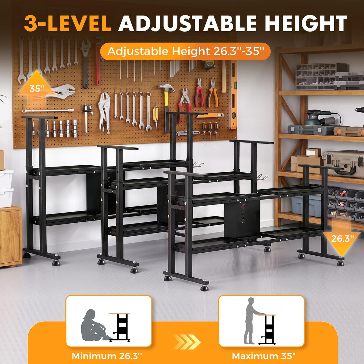 Workbench Frame, Adjustable Standing Desk Frame with Power Outlet