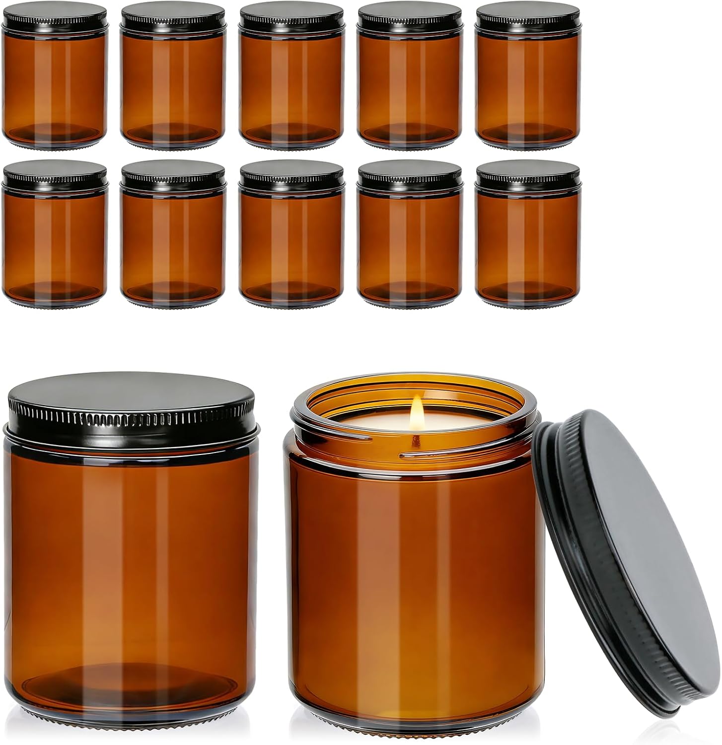 8 oz Amber Glass Candle Jars with Lids,12 Pack Airtight Candle Containers | Empty Round Food Storage Containers with