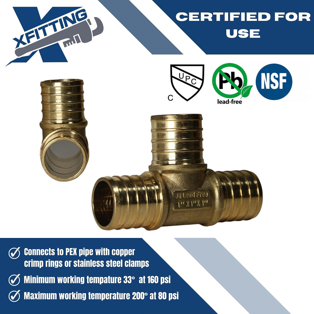 5 Pack XFITTING 1 Inch Pex Tee, 1" Pex B Crimp Tee, Brass
