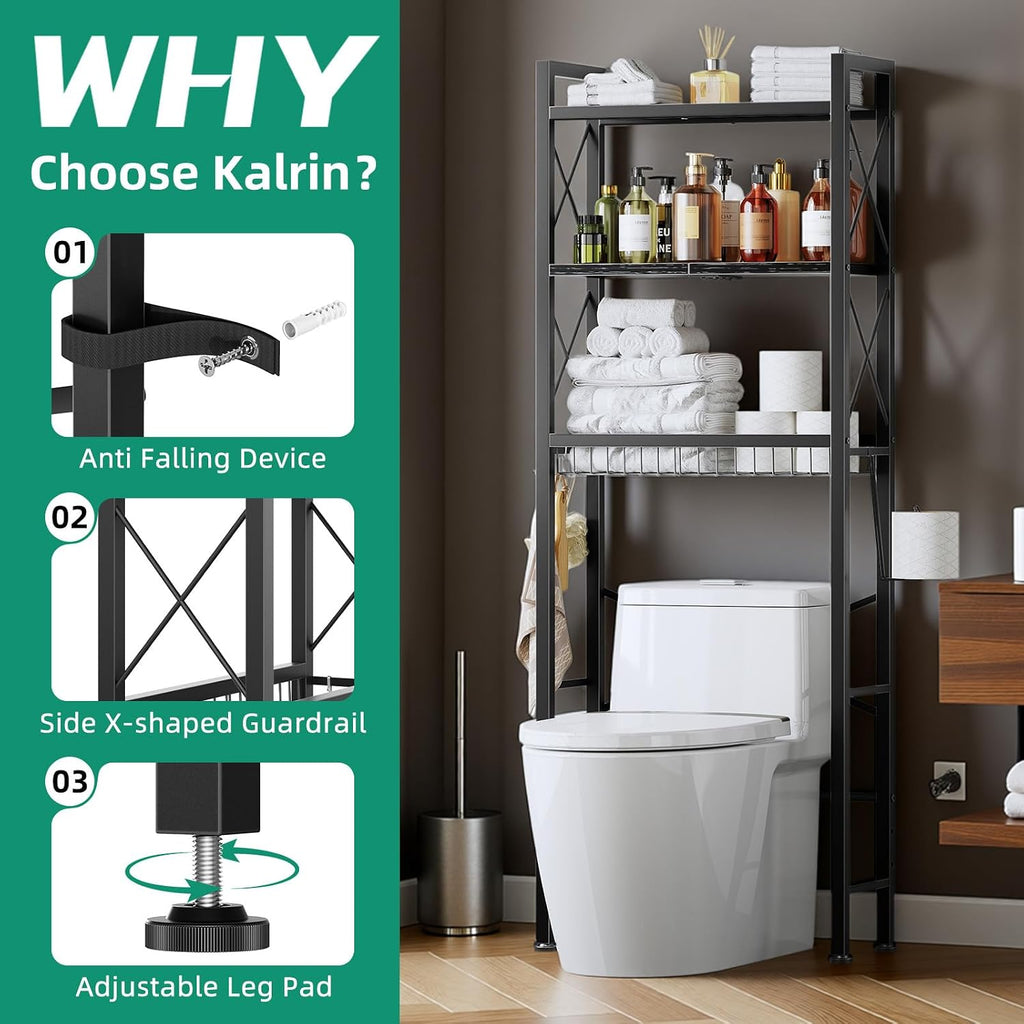 Over The Toilet Storage with X Shape Side Guardrail, 3-Tier Over Toilet Storage Rack with Drain Basket, Freestanding