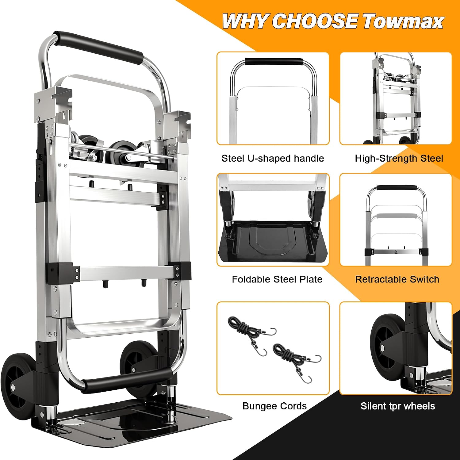 3 in 1 Convertible Hand Truck Hand, Folding Hand Truck with 2 Straps | 600 LBS Break Strength Convertible Dolly, 4