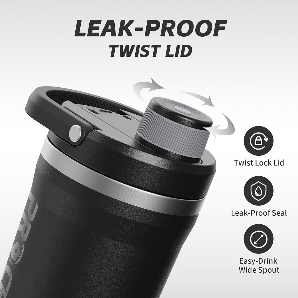 Insulated Stainless Steel Protein Shaker Bottle, 20oz Metal Mixer | Leak-Proof Twist Lock Lid with Detachable Powder