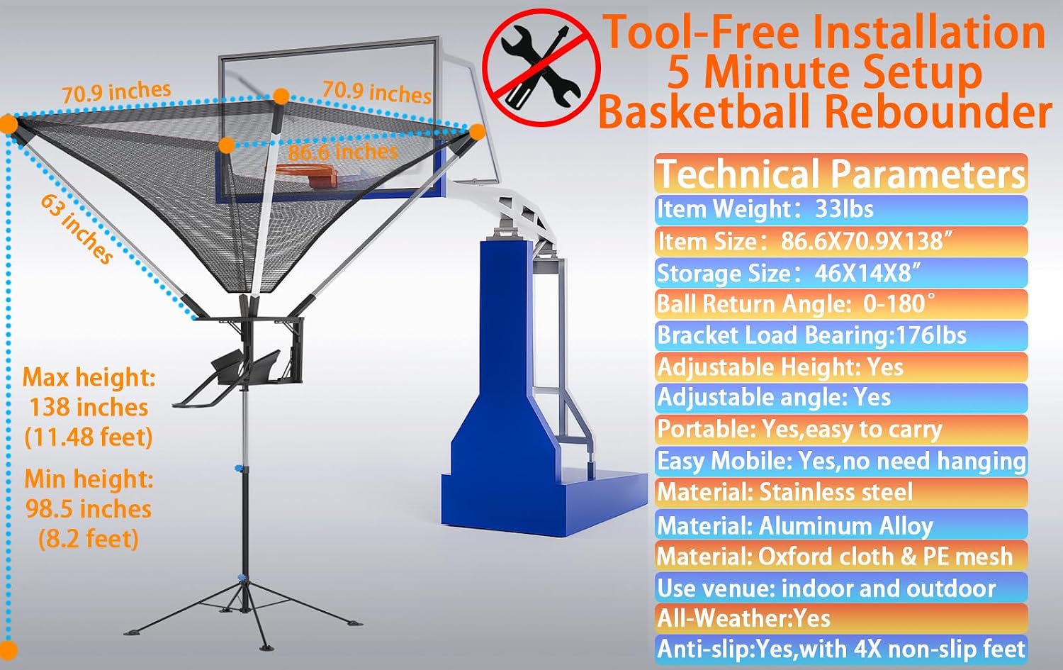 Basketball Rebounder, Basketball Return Attachment with 180° Rotating Track, Shot Trainer Rebounder Net Return System