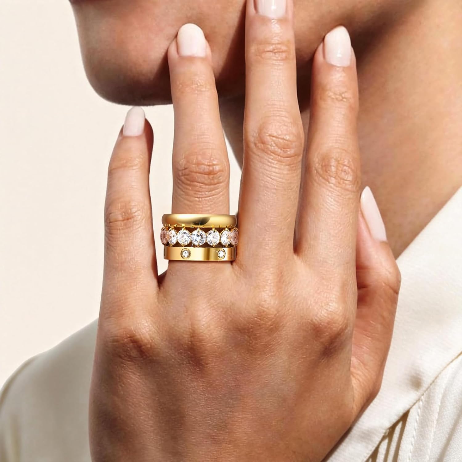 Stackable Gold Rings for Women - 3Pcs 18K Gold Plated Ring, Stainless Steel Cubic Zirconia Bands, Waterproof