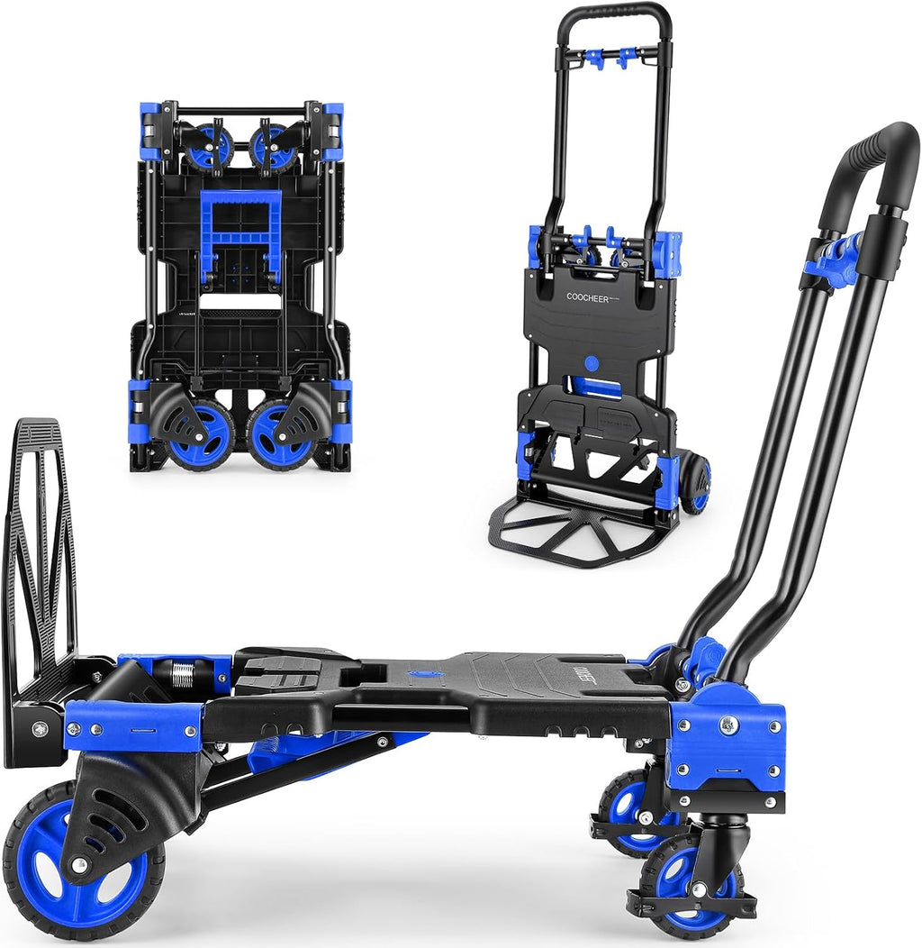 Folding Hand Truck Dolly, 330lb Convertible 4 to 2 Wheel Moving Cart, Blue | Dolly Cart with Retractable, Aluminum