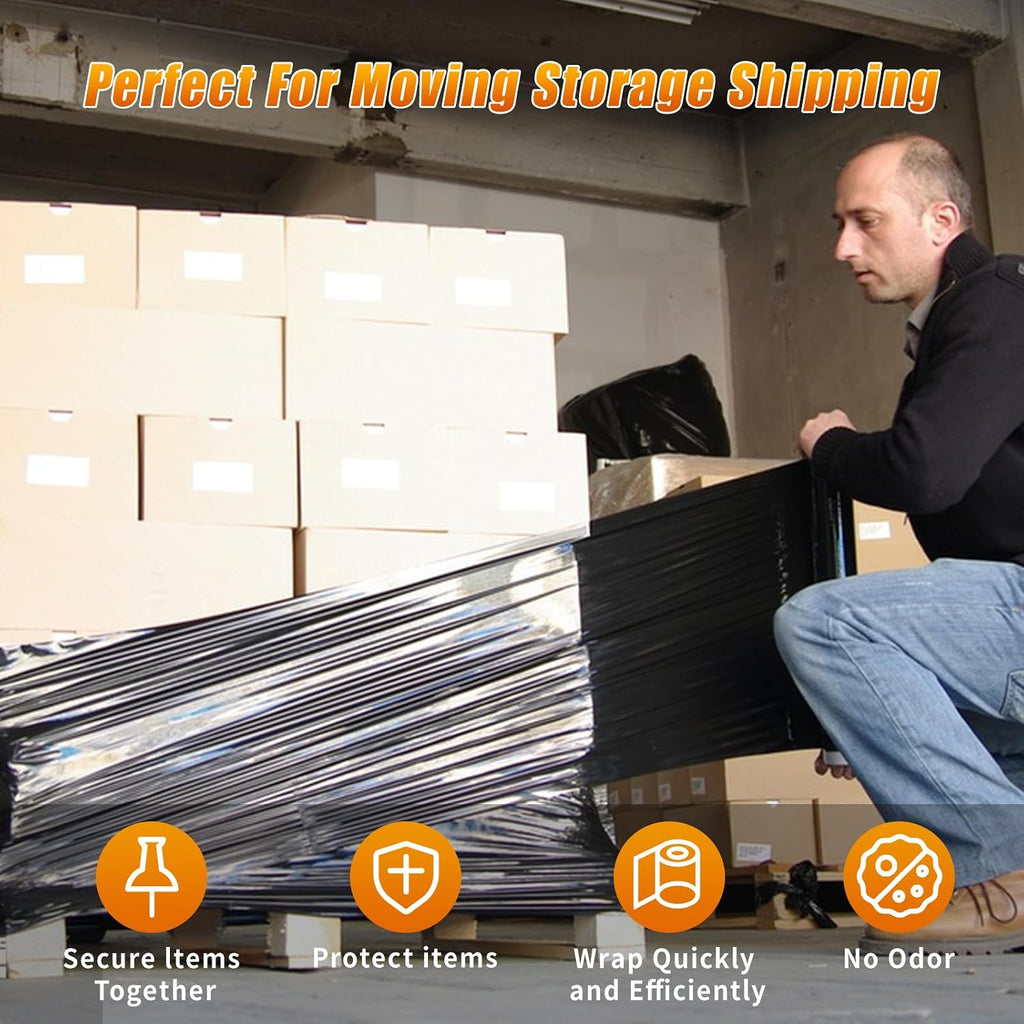 Black Stretch Wrap Shrink Film for Moving Supplies (15inch, 2 Pack) x 1000ft, Industrial Strength Plastic Wrap