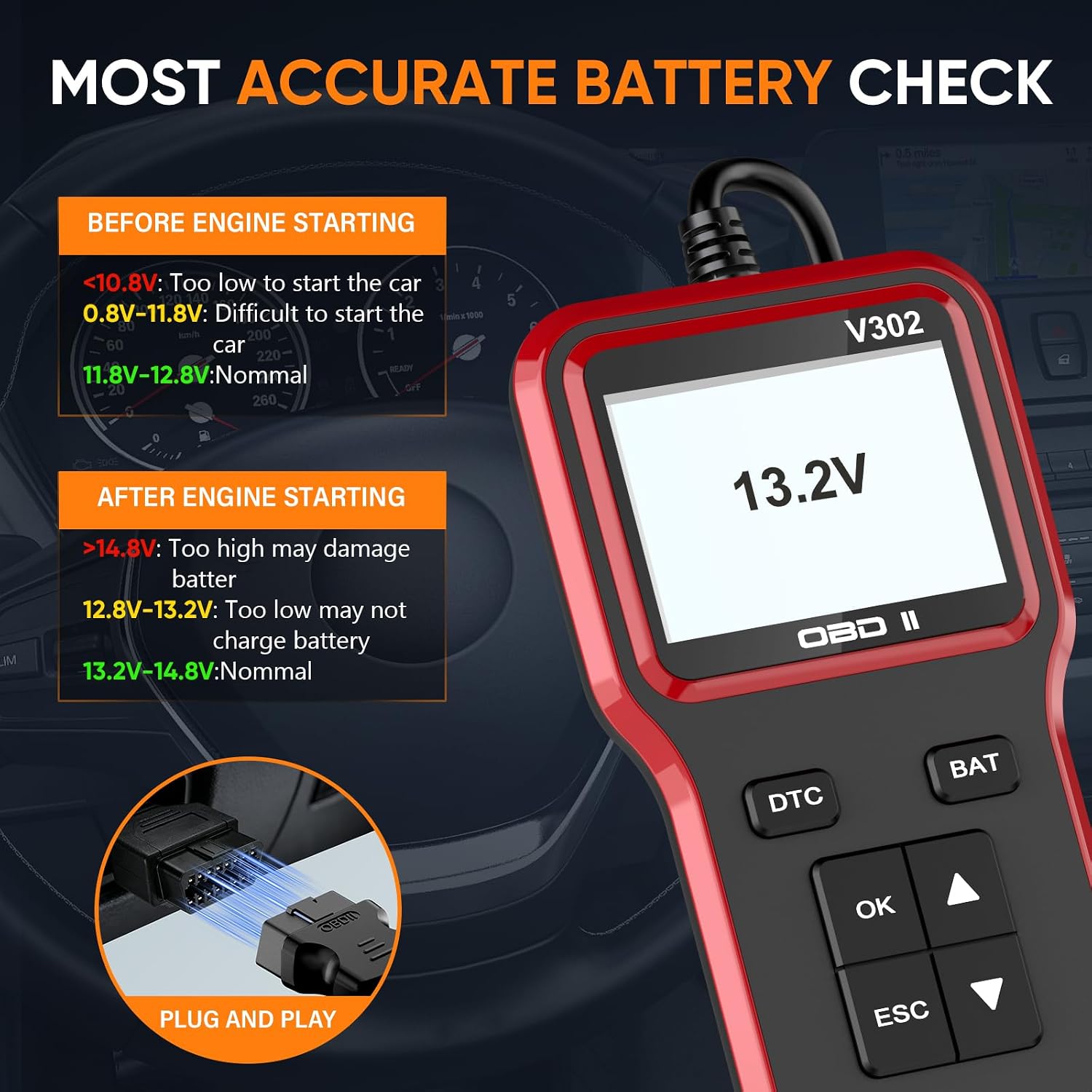 OBD2 Scanner with Battery Tester - Vehicle Code Reader for Check Engine Light, Plug and Play, Car Scanner Diagnostic