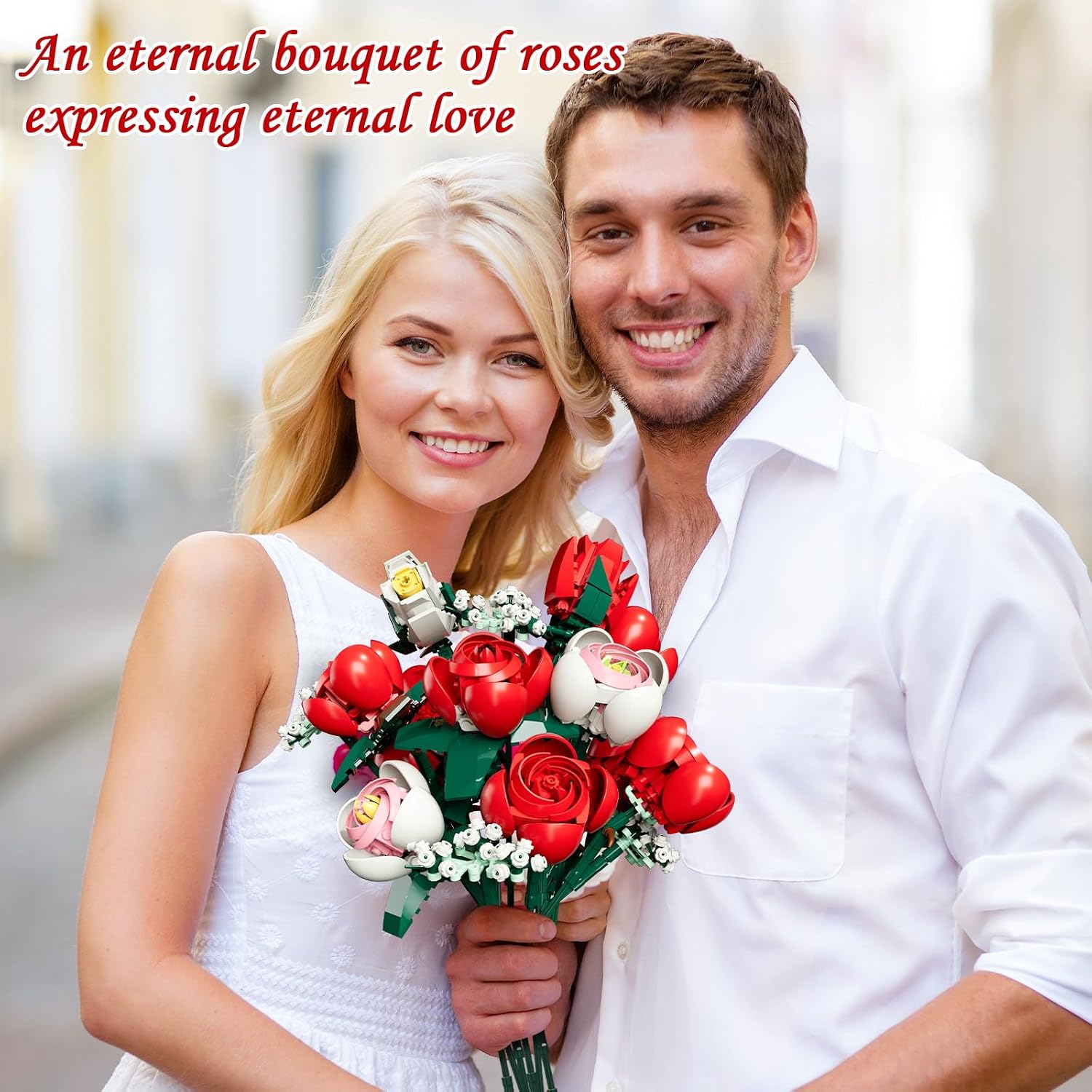 Flower Bouquet Building Set, Artificial Roses Toy Building Set with Vase, Building Blocks Flower Brick Toys for Home