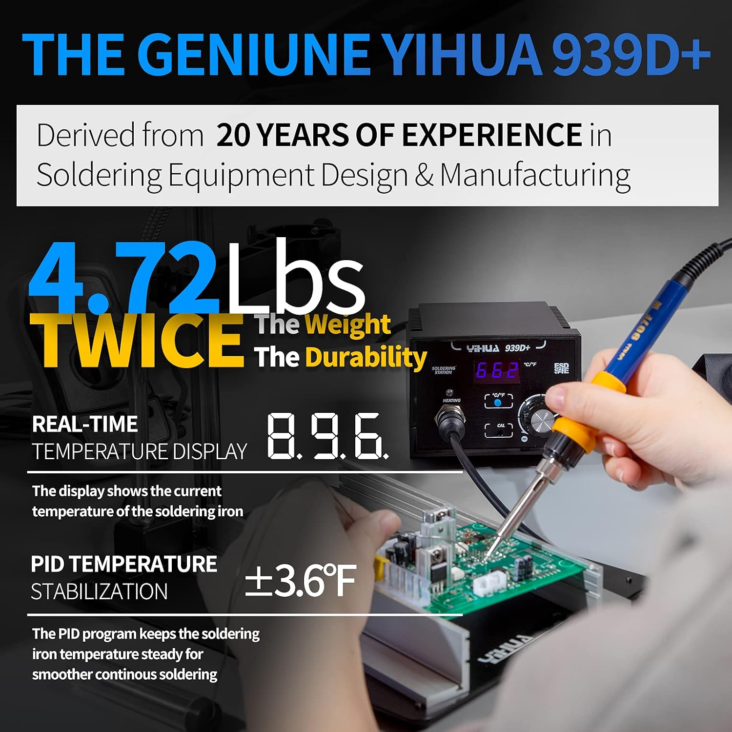 939D+ Digital Soldering Station, 75W Equivalent with Precision Heat Control (392°F to 896°F) and Built-in