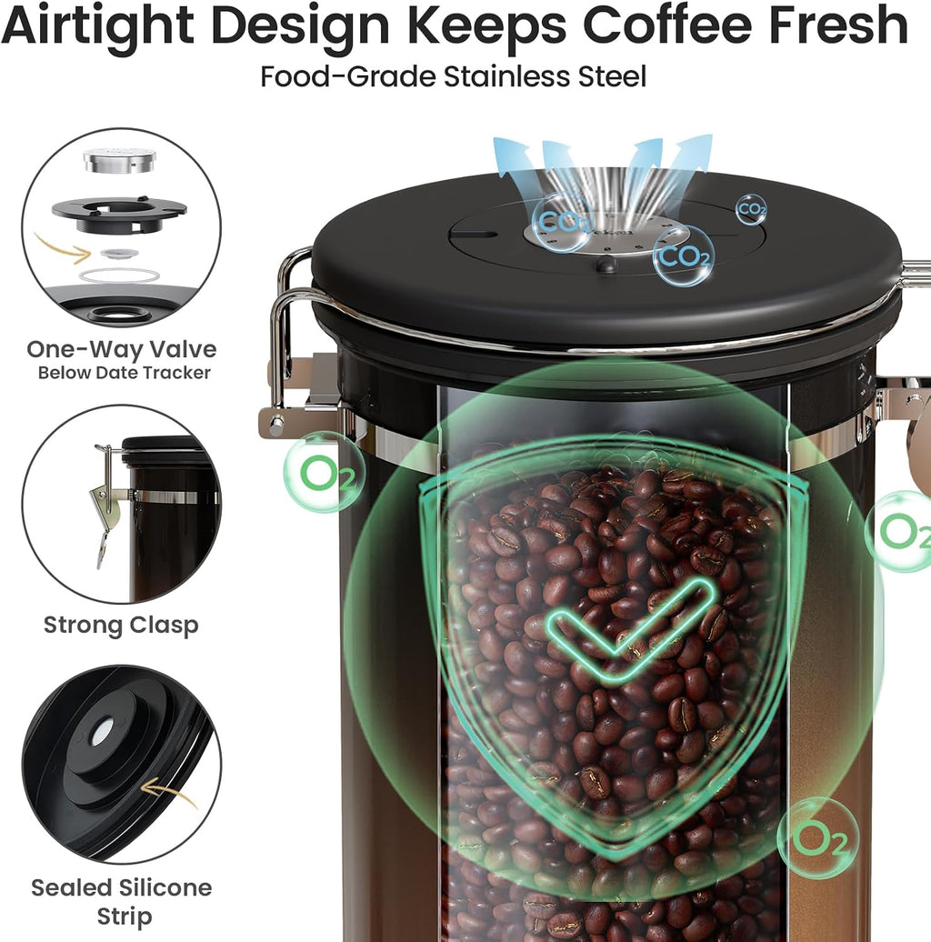Coffee Canister with Window, Airtight Stainless Steel Container, 22OZ | Kitchen Food Storage Pantry Organizers for