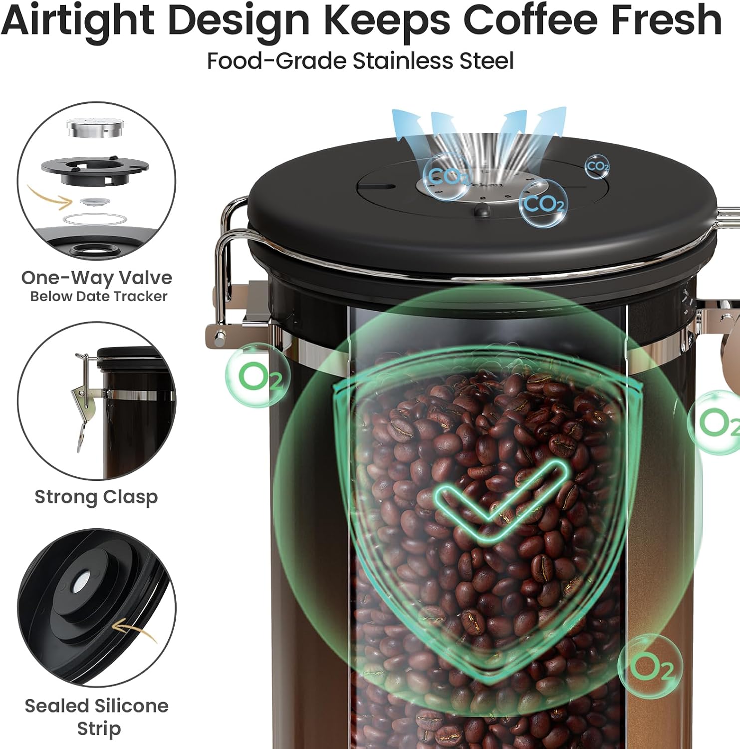 Coffee Canister with Window, Airtight Stainless Steel Container, 22OZ | Kitchen Food Storage Pantry Organizers for