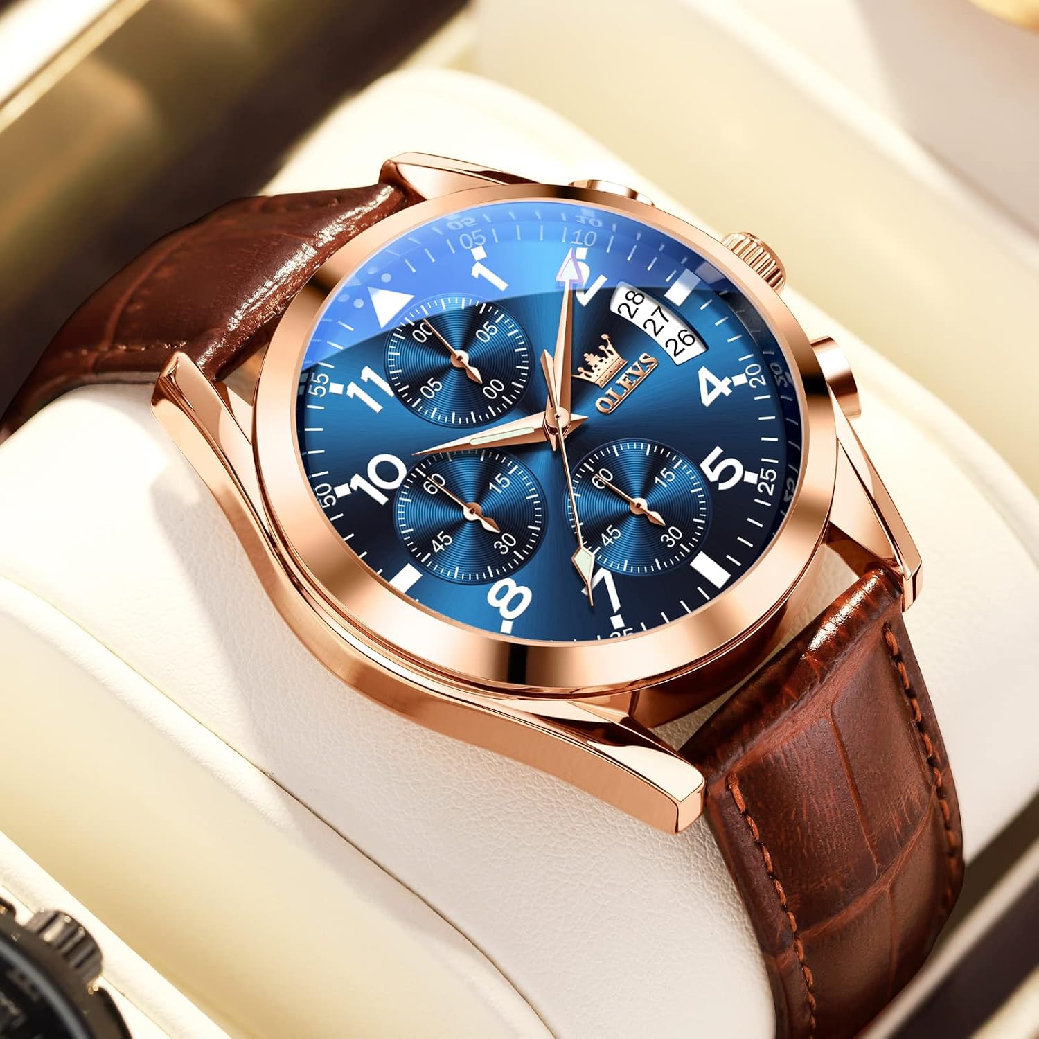 Watches for Men Case Waterproof Watches Leather Band Day Date Mens Watch Analog Quartz Chronograph Wristwatches