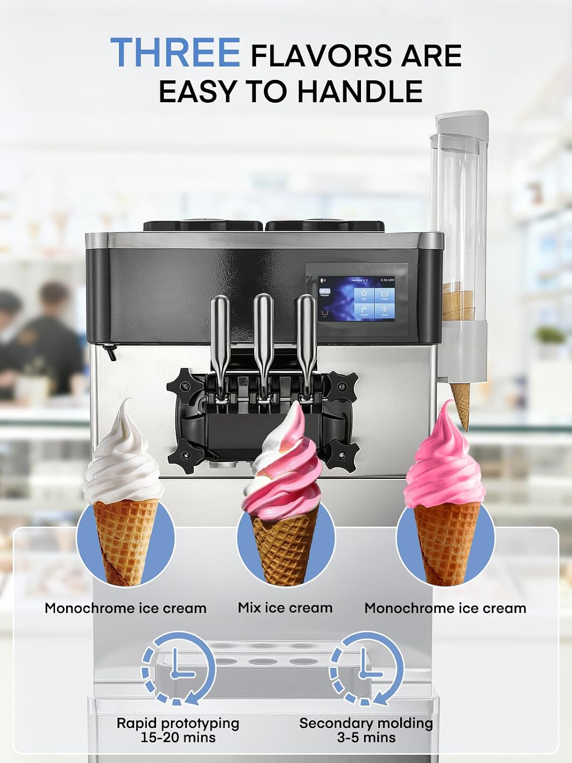 Commercial Ice Cream Machine 5.8-7.9 Gal/h, 3 Flavors Soft Serve Ice Cream Machine with 14L Hopper, Auto Clean Ice