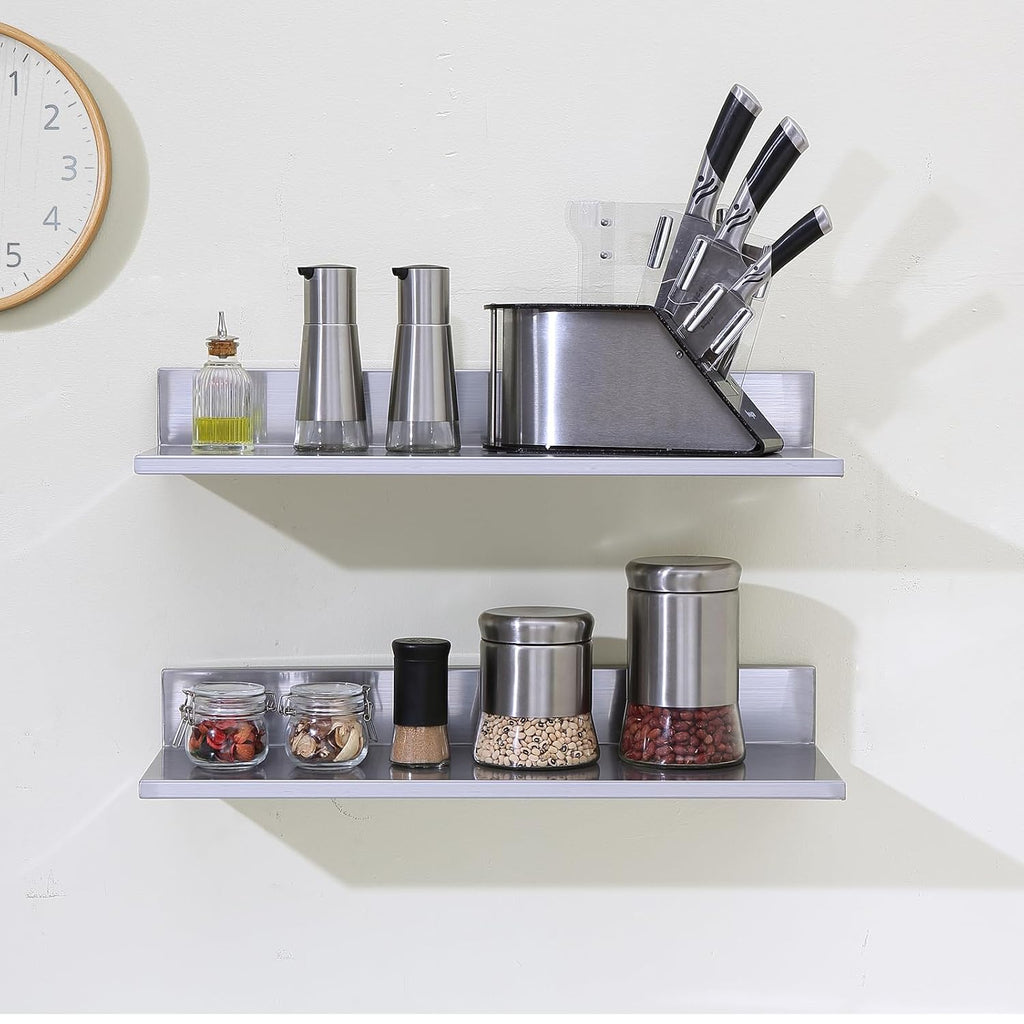 8.6" x 24" -2Pack Stainless Steel Shelf, Wall Mounted Floating Shelving with Backsplash, 44 lbs Load Capacity