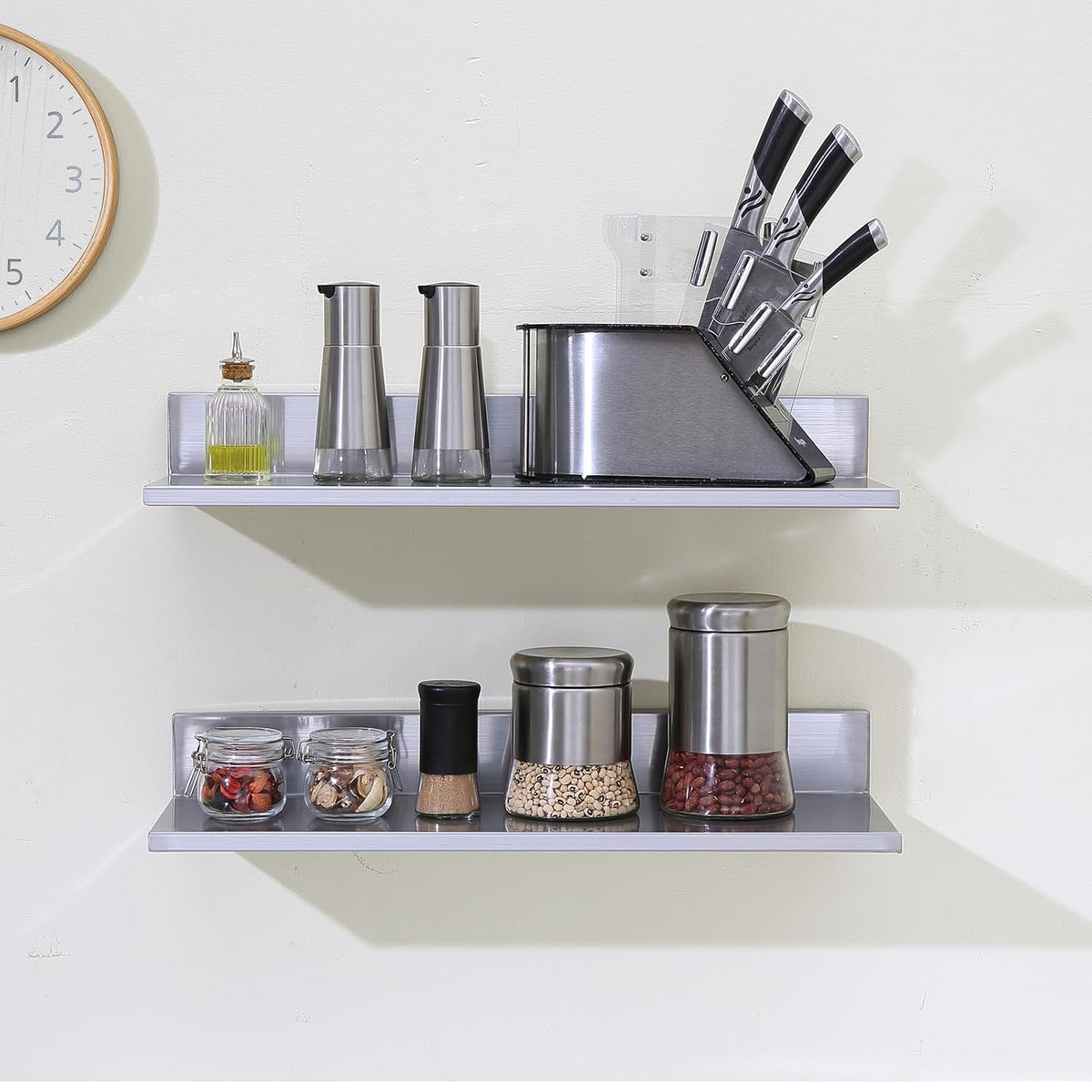 8.6" x 24" -2Pack Stainless Steel Shelf, Wall Mounted Floating Shelving with Backsplash, 44 lbs Load Capacity
