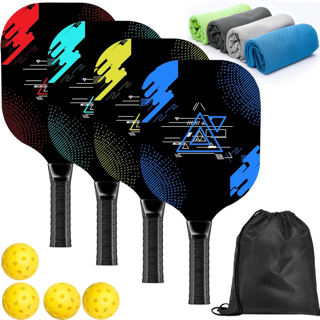 Pickleball Paddles Set of 4, Wood Pickleball Set with Comfort Grip | 4 Cooling Towels, 4 Pickleball Balls & Carry