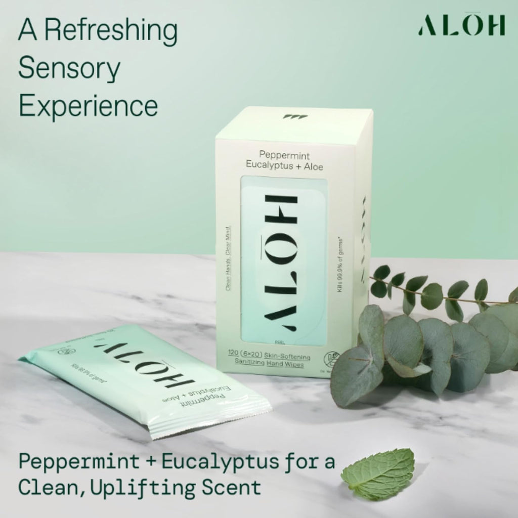 ALŌH Peppermint Eucalyptus + Aloe Hand Sanitizer Wipes, Travel Size | Clean Hands, Clear Mind, On The Go for Kids and