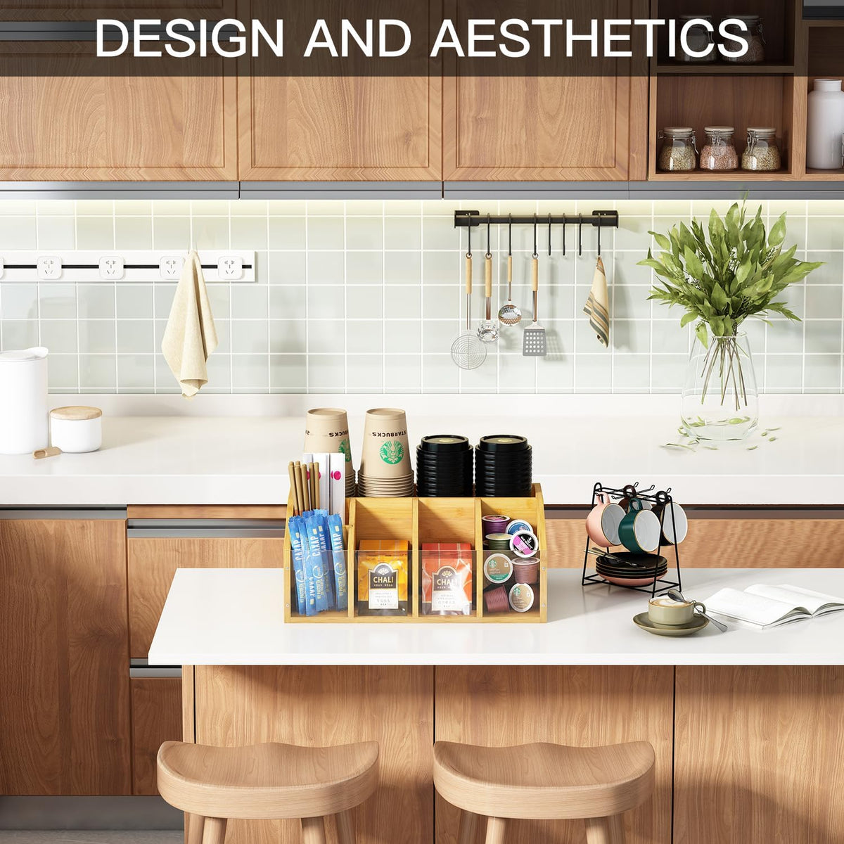 Coffee Station Organizer Condiment Organizer for Countertop Farmhouse Coffee Caddy with Removable Dividers Small Cute