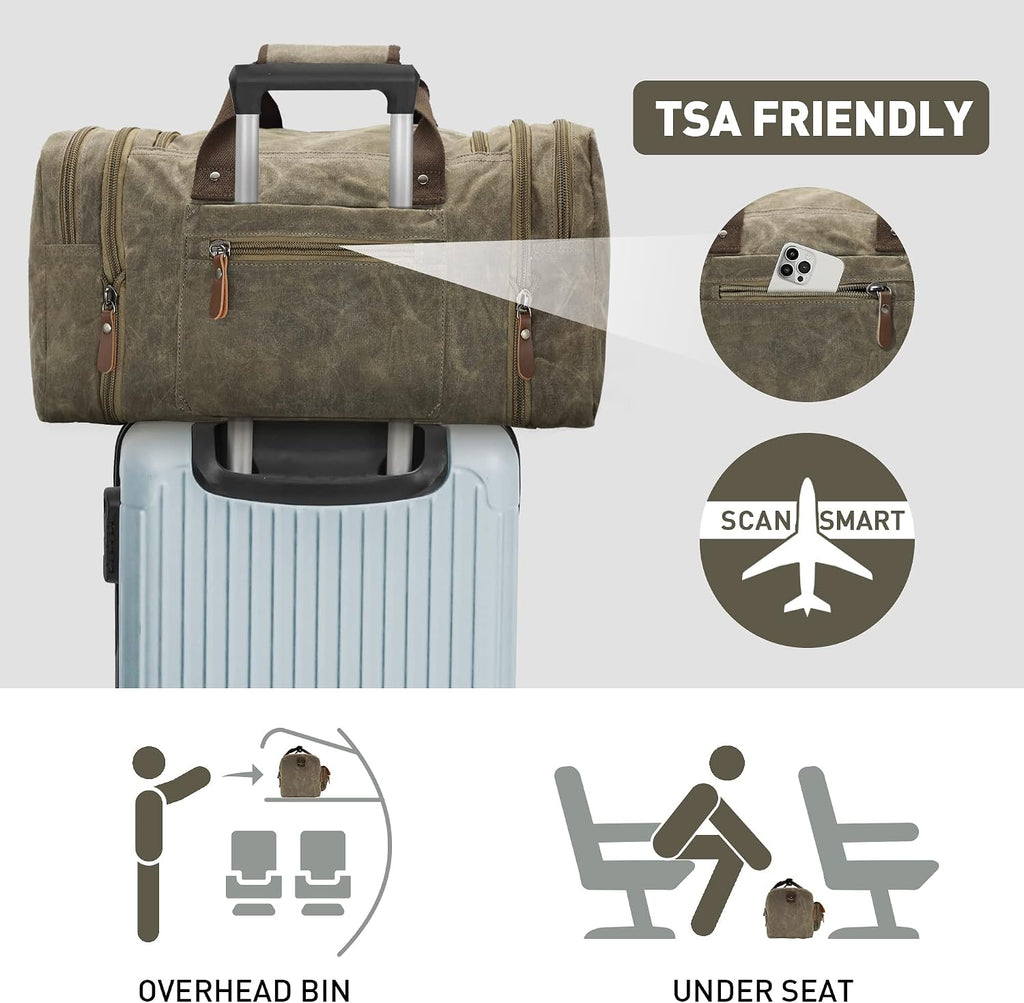 Waxed Canvas Duffle Bag - 50L Waterproof Weekender Overnight Travel Bag