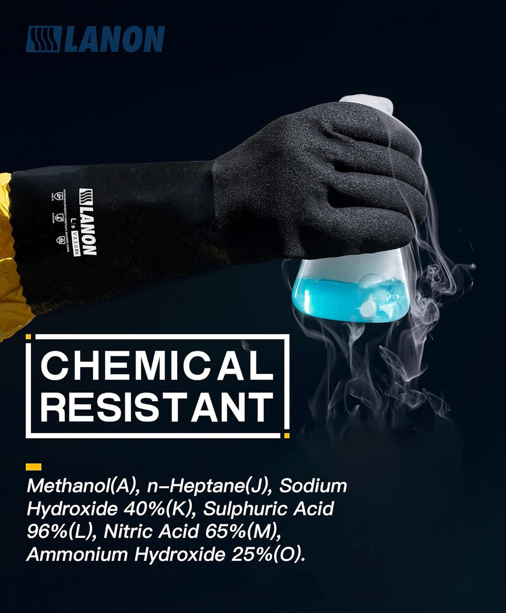 LANON Nitrile Chemical Resistant Gloves, Reusable Heavy-Duty Rubber Gloves with MicroFoam Textured Palm, Acid, Alkali