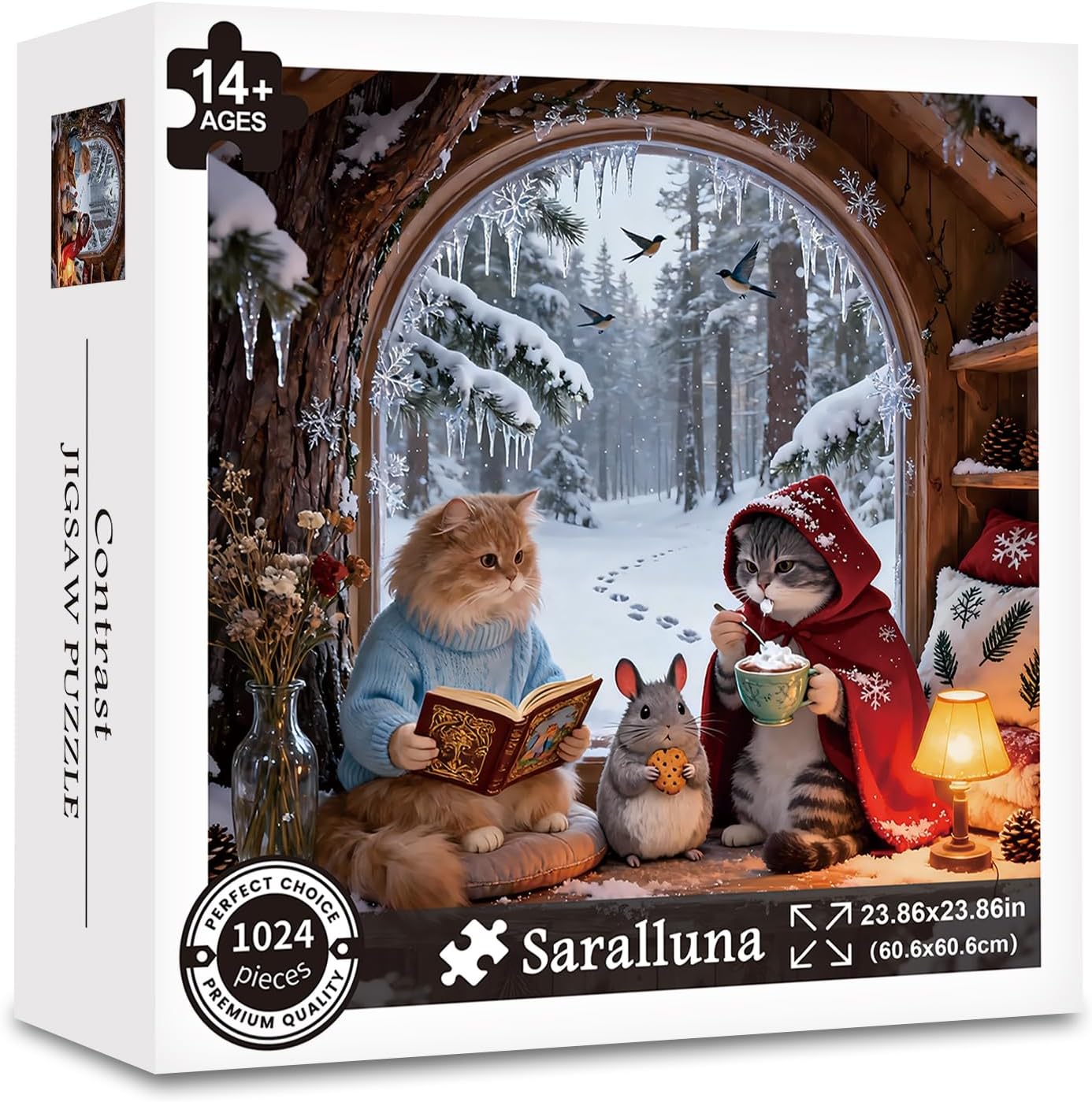 Puzzle for Adults 1024 Pieces, Cozy Winter Forest Cat & Chinchilla Jigsaw Puzzle, Challening Impossible Difficult