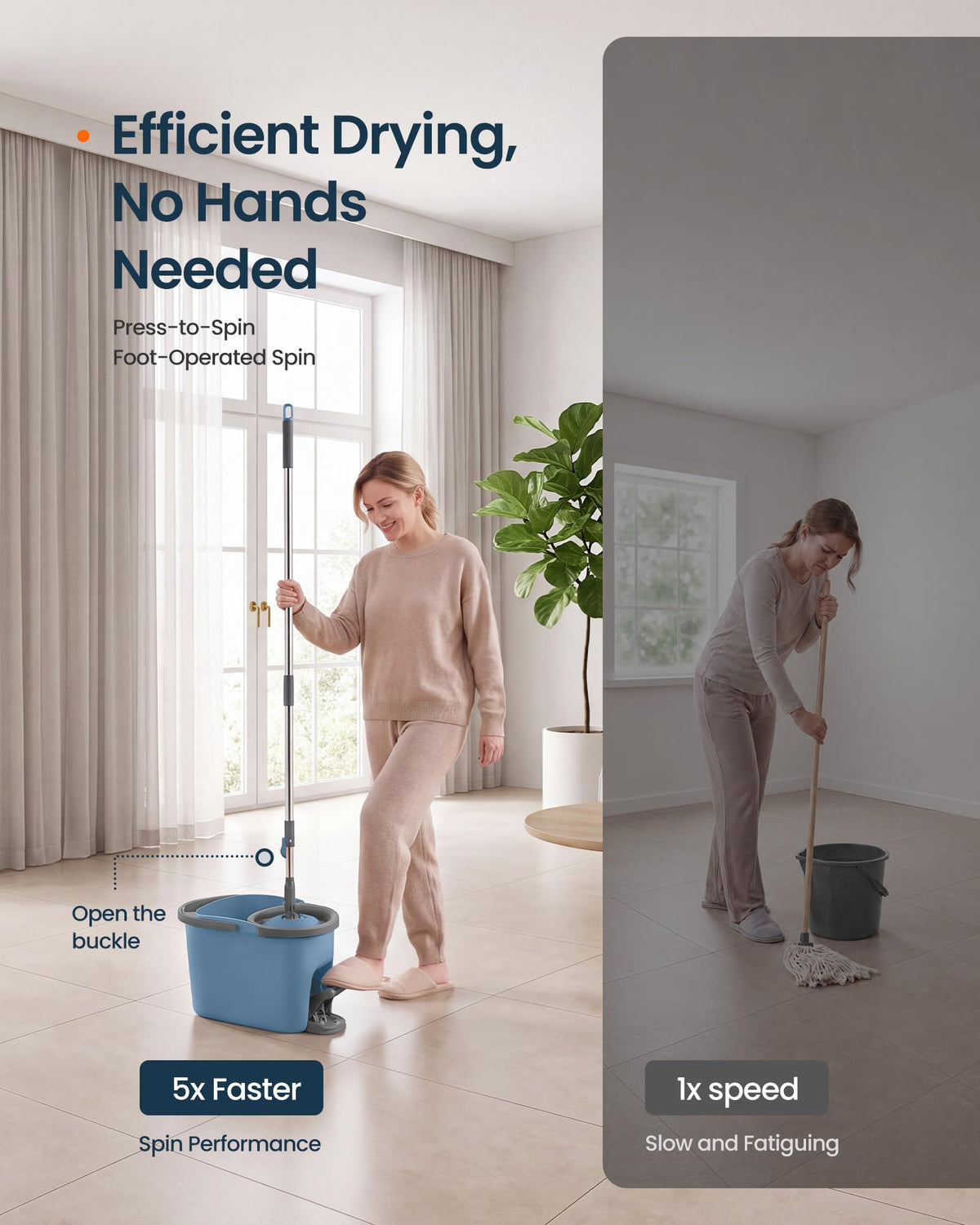 Spin Mop and Bucket Set, 4 Microfiber Pads, Blue and Gray