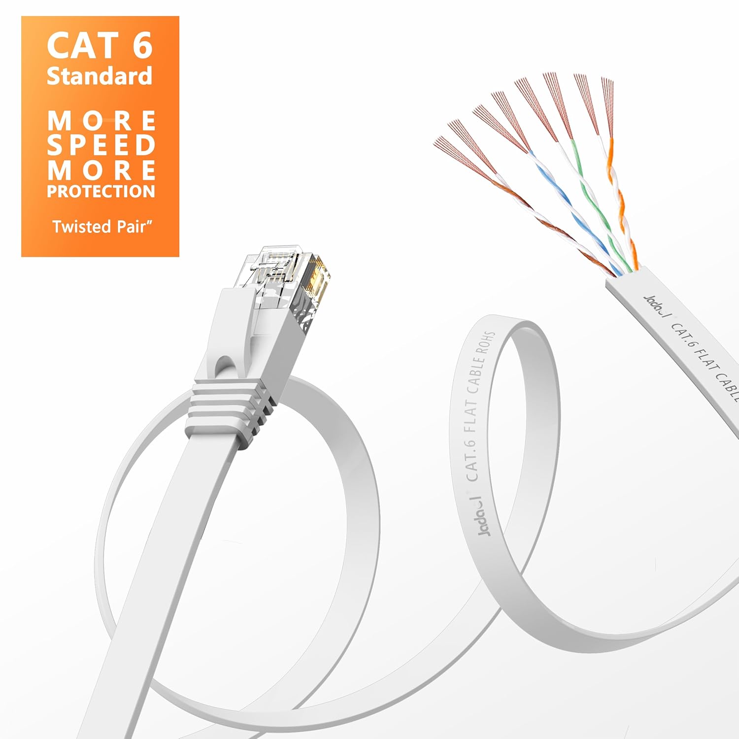 Cat6 Ethernet Cable 50FT with Clips 10Gbps Flat Network Cable, White | 1FT 3FT 5FT 10FT 15FT 20FT 25FT 30FT 35FT 60FT