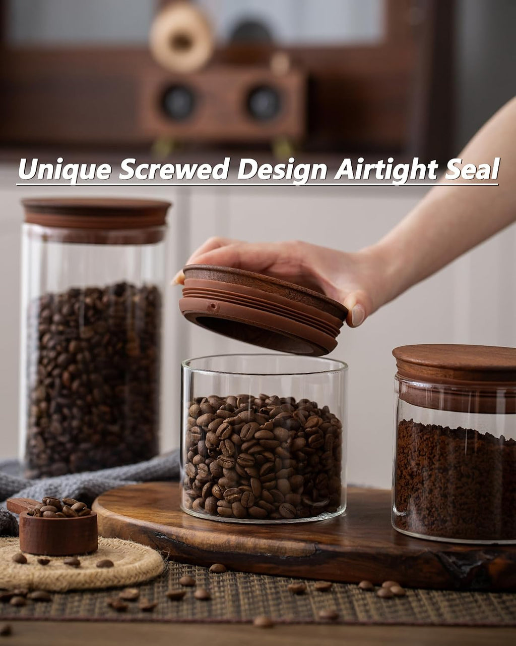 17 oz Coffee Canister with Scoop and Wooden Lids, Airtight Glass Coffee Beans Storage Container Sets of 2 for Ground