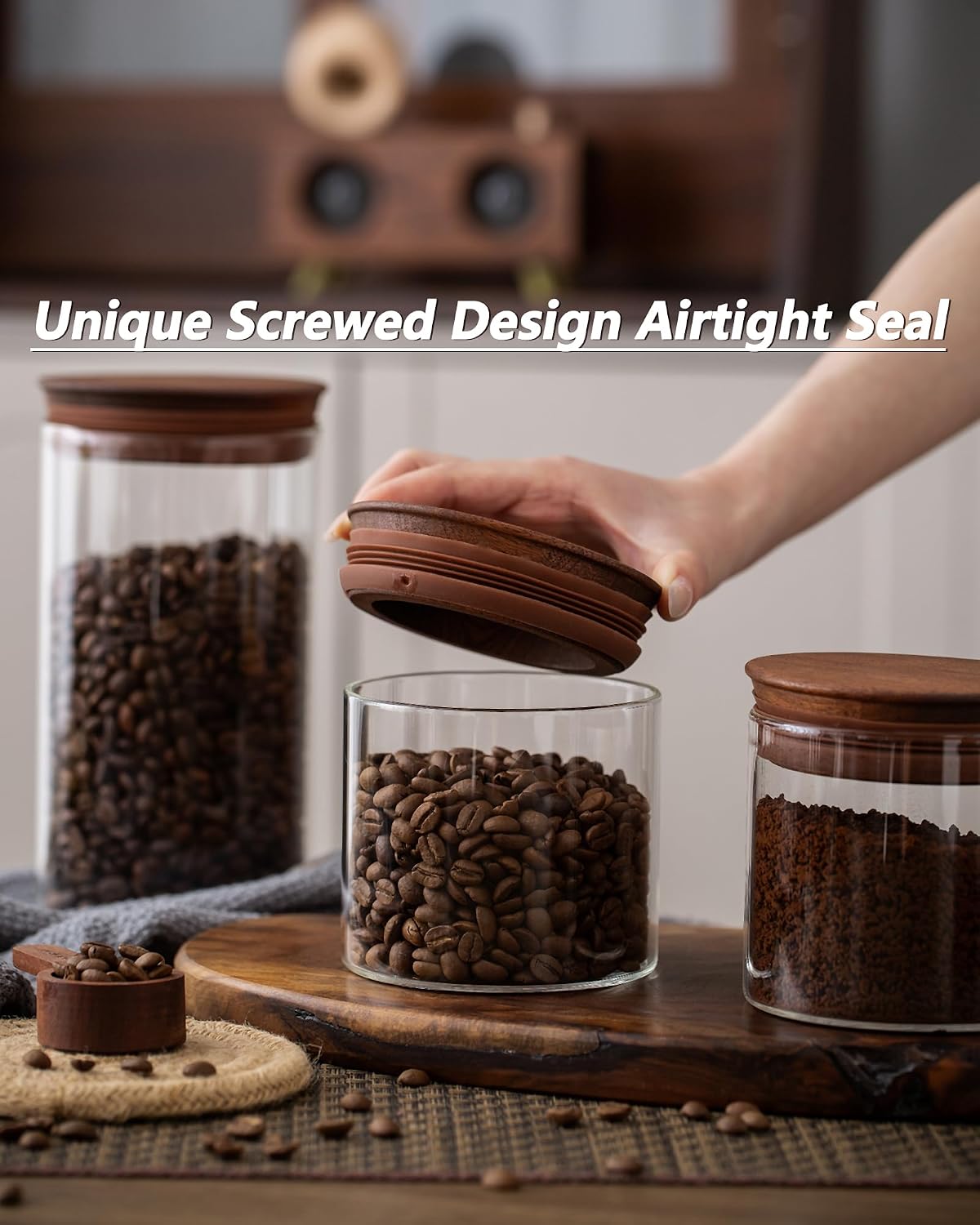 17 oz Coffee Canister with Scoop and Wooden Lids, Airtight Glass Coffee Beans Storage Container Sets of 2 for Ground