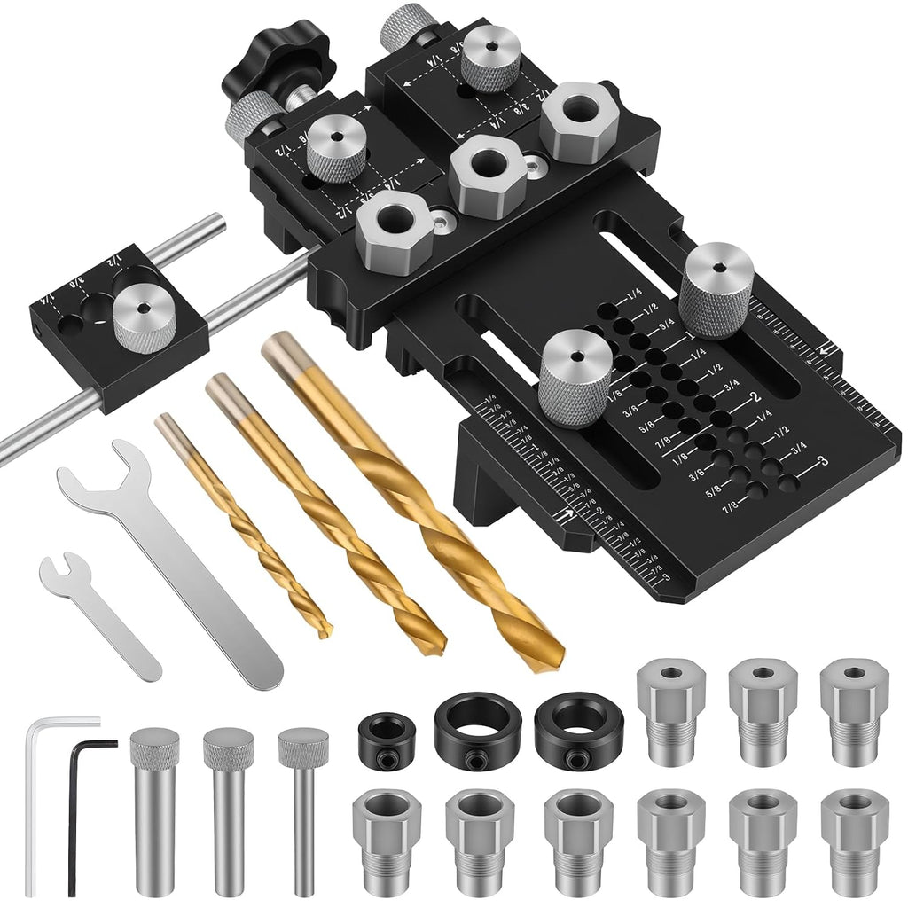 Dowel Jig Kit for Perfect Wood Joints, Self Centering Doweling Jig with 1/4 3/8 1/2 Drill Bushings & Bits