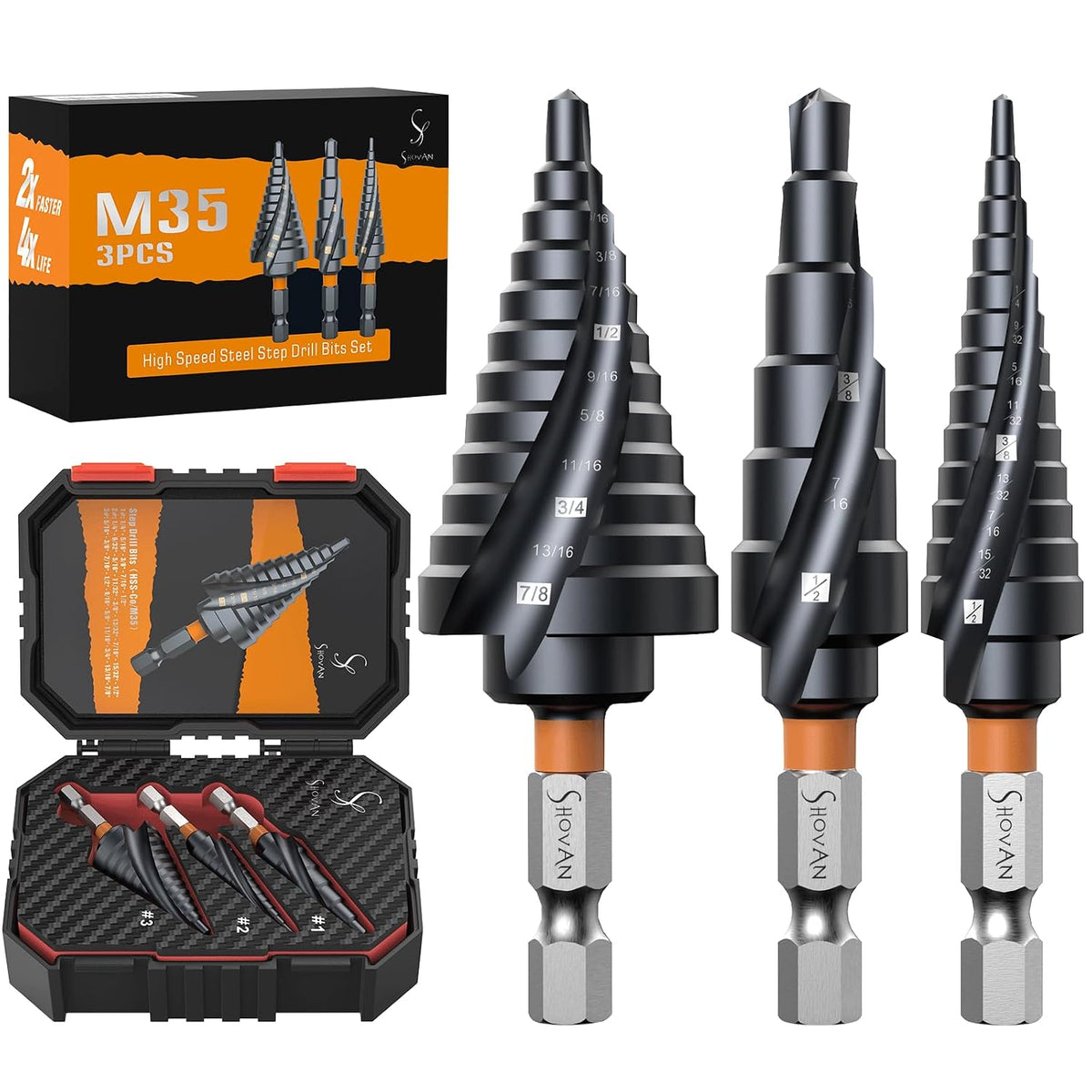 SS SHOVAN 3PCS M35 Cobalt Step Drill Bit Set (1/4"-7/8")