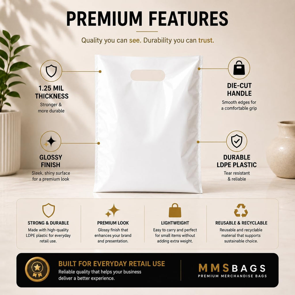 Large Plastic Merchandise Bags, Die Cut Handle Retail Shopping Bags, Glossy Poly Bags for Clothing, Shoe Boxes