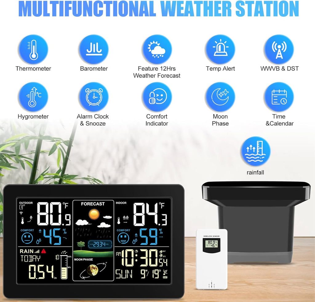 Weather Station with Rain Gauge Outdoor, Home Weather Stations Wireless Indoor Outdoor with Digital Rain Gauges