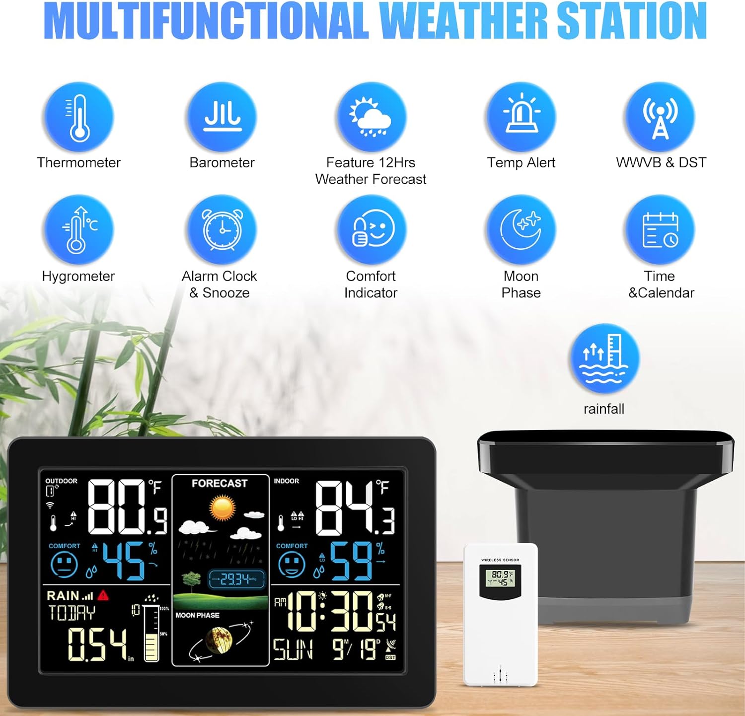 Weather Station with Rain Gauge Outdoor, Home Weather Stations Wireless Indoor Outdoor with Digital Rain Gauges