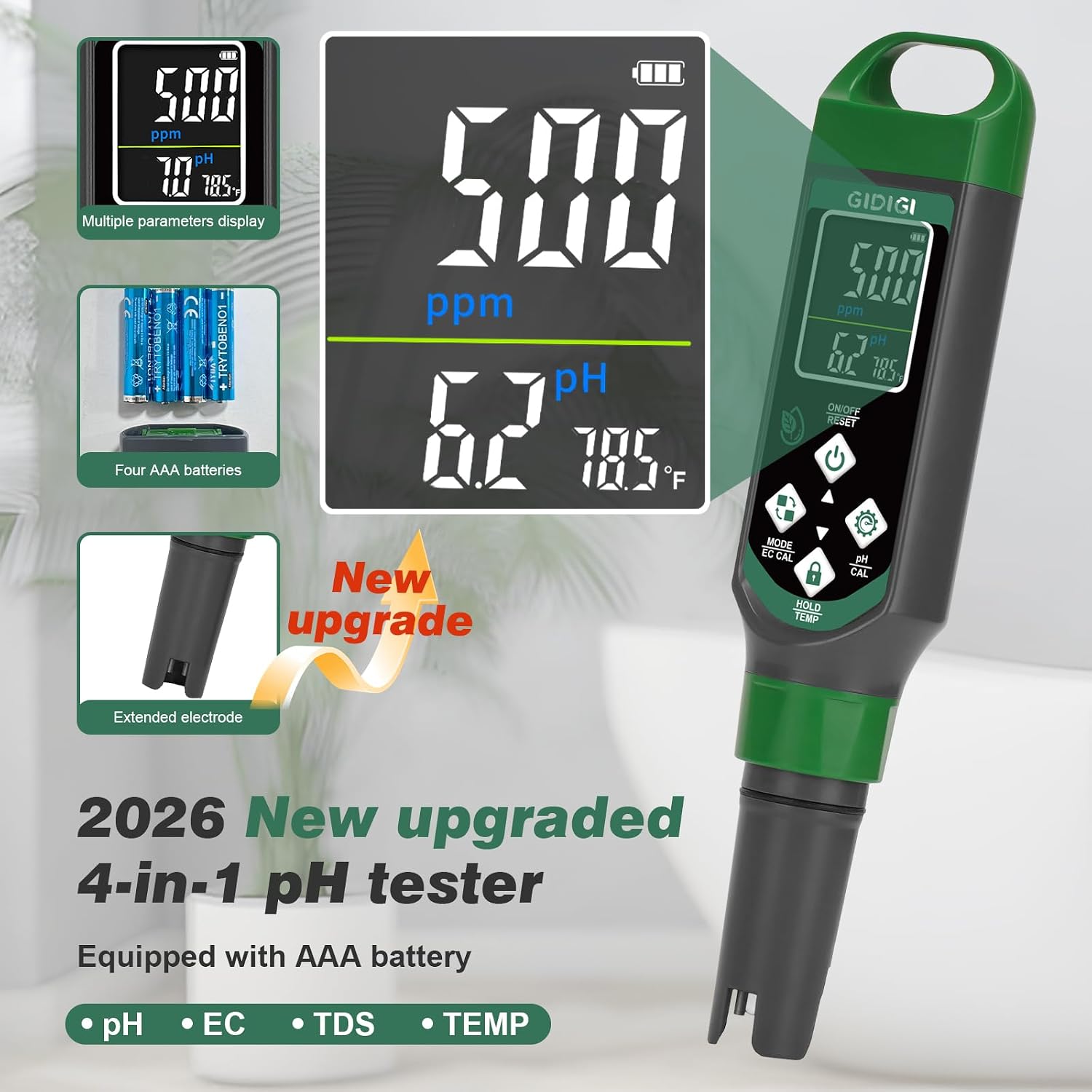 Hydroponic Nutrient Tester pH Meter, Digital TDS PPM Meter for Water | ATC/AAA Battery/Calibration Kit/pH Reset, 4 in