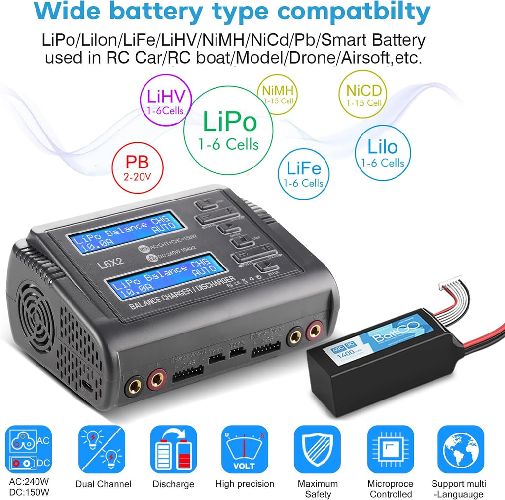 LiPo Battery Charger Dual 10A RC Fast Balance Battery Charger Discharger | RC Car Drone Chargers for 1S-6S LiPo