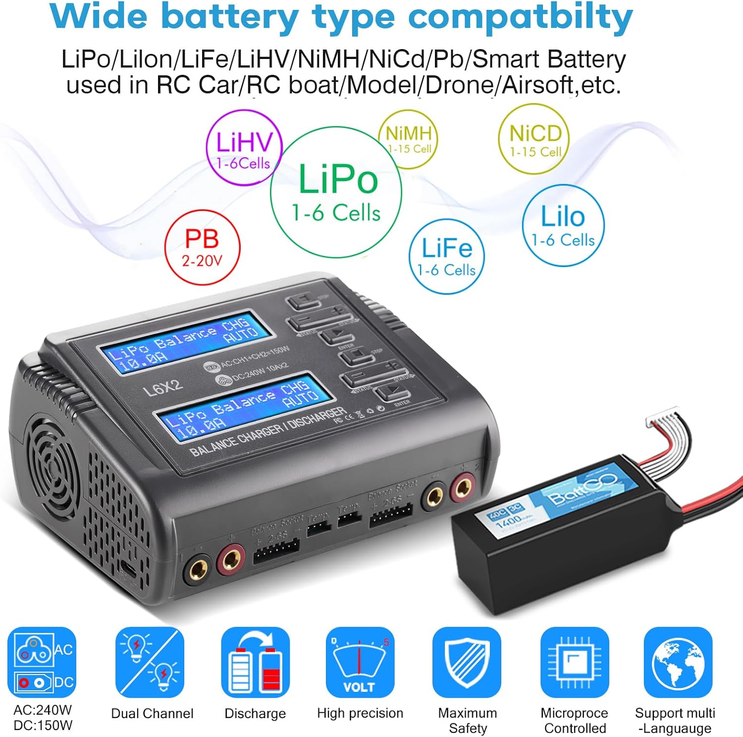 LiPo Battery Charger Dual 10A RC Fast Balance Battery Charger Discharger | RC Car Drone Chargers for 1S-6S LiPo