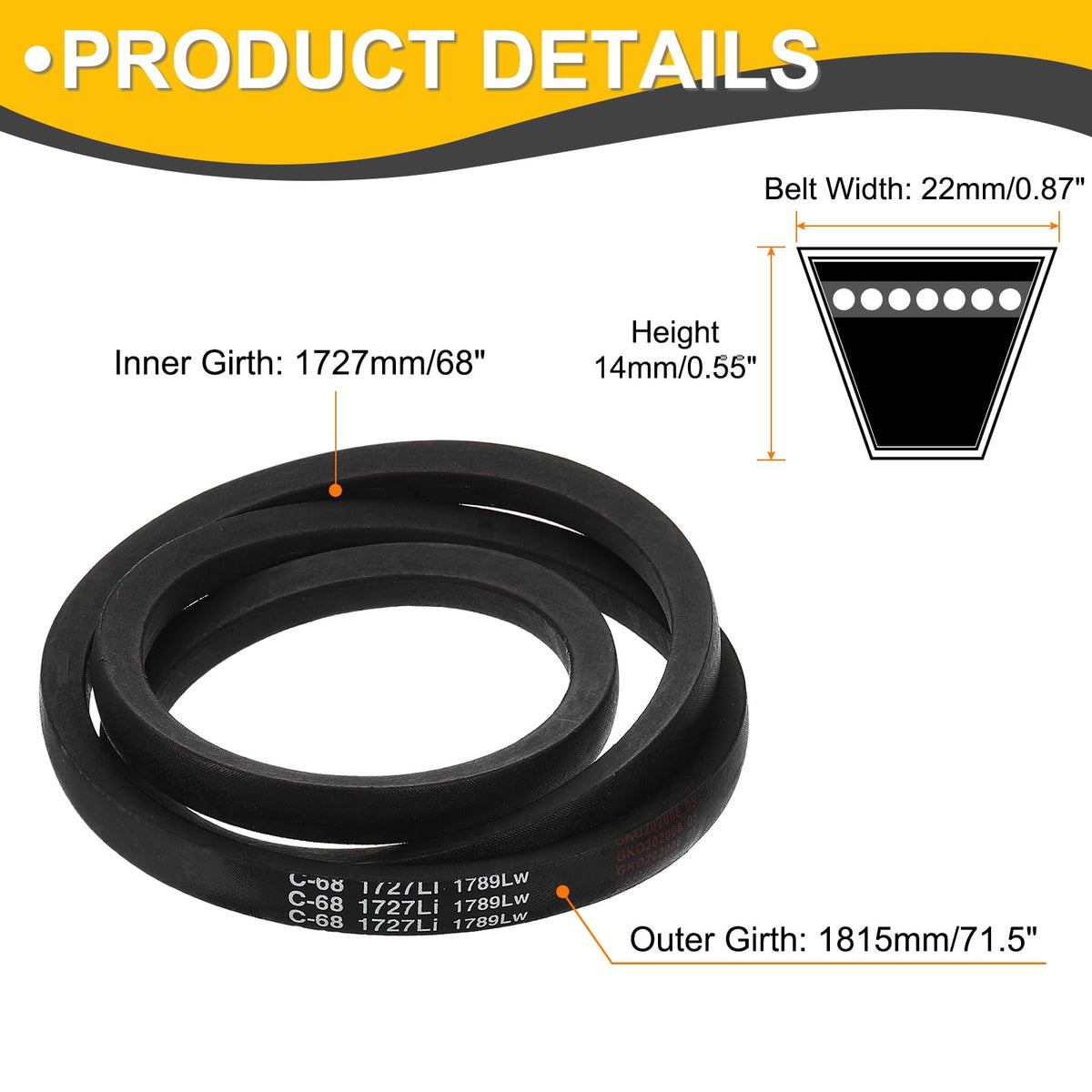 uxcell C68 Drive V-Belt 68 Inch (1727mm) Inner Circumference x 22mm Width x 14mm Height, Rubber V Belt for Power Transmission