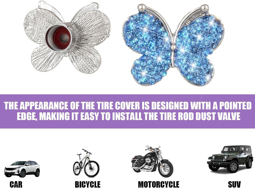 4PCS Bling Butterfly Rhinestone Tire Valve Stem Caps, Light Blue
