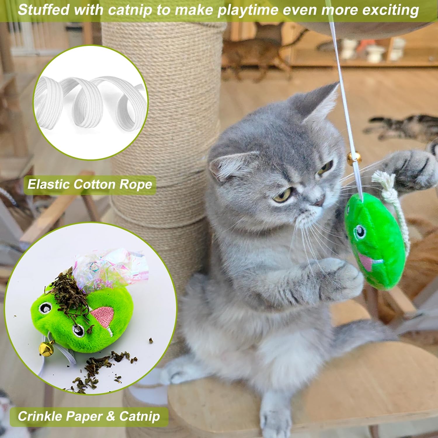 Interactive Cat Toy Wand with Catnip Mouse, Cat Teaser Wand Rainbow String for Bored Indoor Adult Cats and Kittens (5